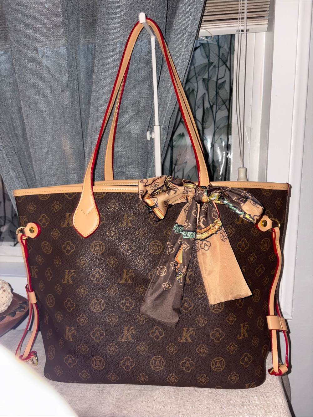 Monica Kiki Brown Patterned Tote with Tan and Red Trim